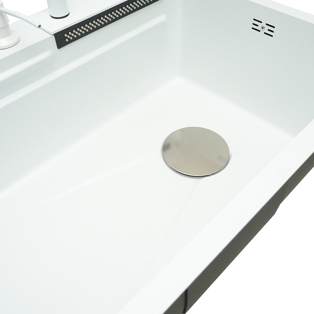Chiuveta bucatarie otel inoxidabil cu doua baterii, functie cascada, spalator pahare, dozator sapun, scurgator, tava, tocator si accesorii scurgere incluse, dimensiune 60x45x22cm
